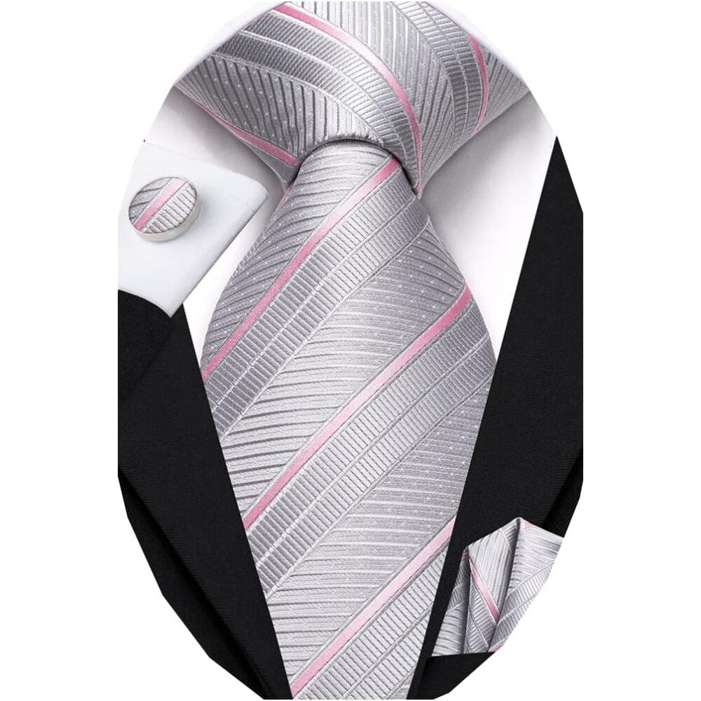 Mens Grey Pink Tie Set Solid Paisley Necktie Pocket Square Cufflinks Formal Silk